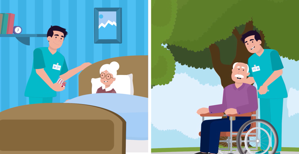 The image is divided into two sections. On the left side, a healthcare worker in a uniform stands next to a bed, handing a medication to an elderly person lying in the bed. The room features blue striped wallpaper, a shelf with books and a clock, and a framed picture on the wall. On the right side, the same healthcare worker is pushing an elderly person in a wheelchair outdoors under a tree. Both appear to be engaged in conversation or interaction.