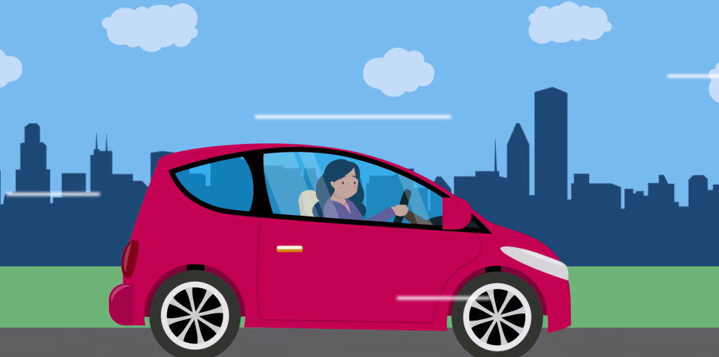 Animated image of a female character driving a red car.